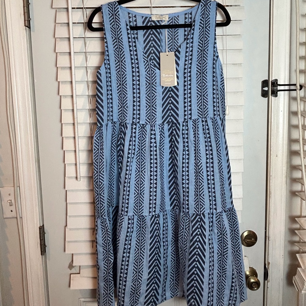 Bellaumbra Med Pure Linen Blue Geometric Stripes Midi Tiered Aztec Boho Western